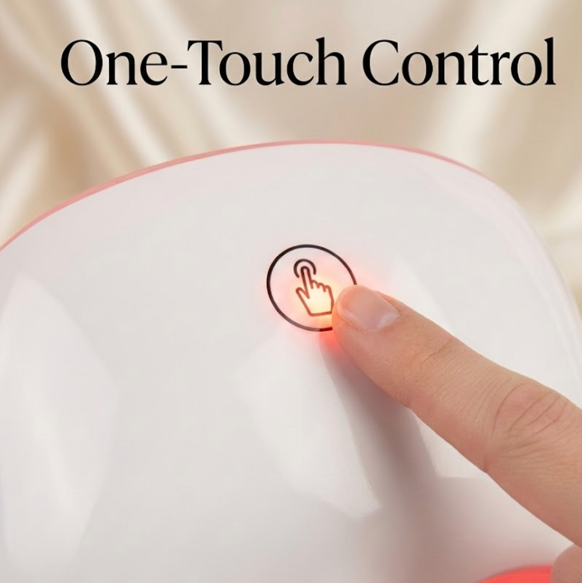 Hand pressing a one-touch control button on a device with a blurred background